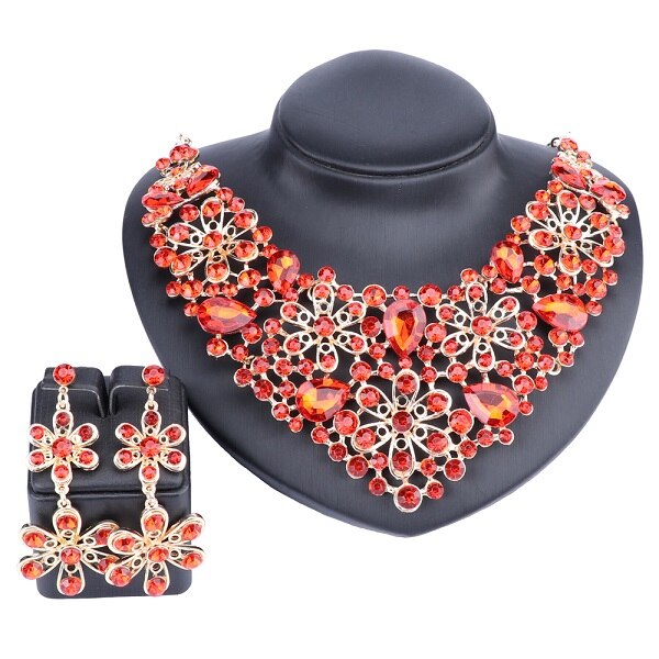 Crystal Flower Necklace & Earrings Wedding Statement Jewelry Set-Jewelry Sets-Innovato Design-Red-Innovato Design