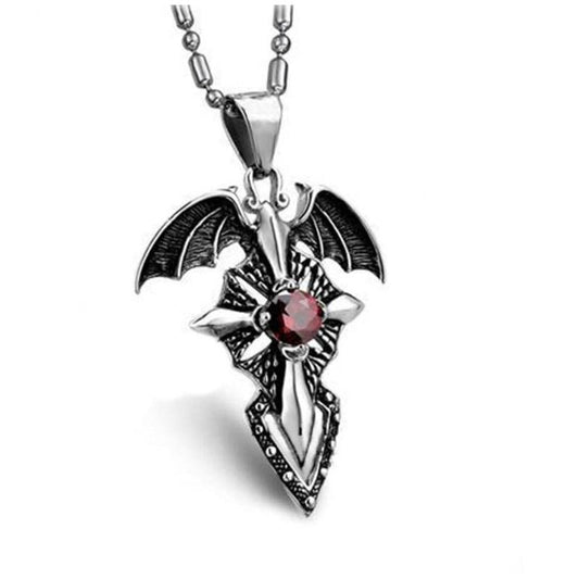 Silver Demonic Winged Sword Cross with Crystal Pendant Necklace-Necklaces-Innovato Design-Innovato Design