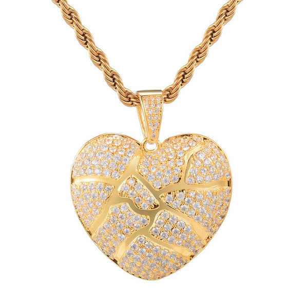 Cubic-Zirconia-Studded Gold-Plated Broken Heart Bling Copper Hip-hop Pendant Necklace-Necklaces-Innovato Design-Innovato Design