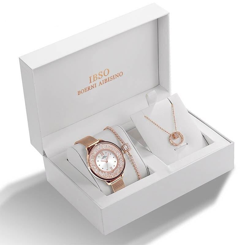 Women Quartz Watch and Crystal Bracelet & Necklace Fashion Jewelry Set-Jewelry Sets-Innovato Design-Rose Gold Crystal-Innovato Design