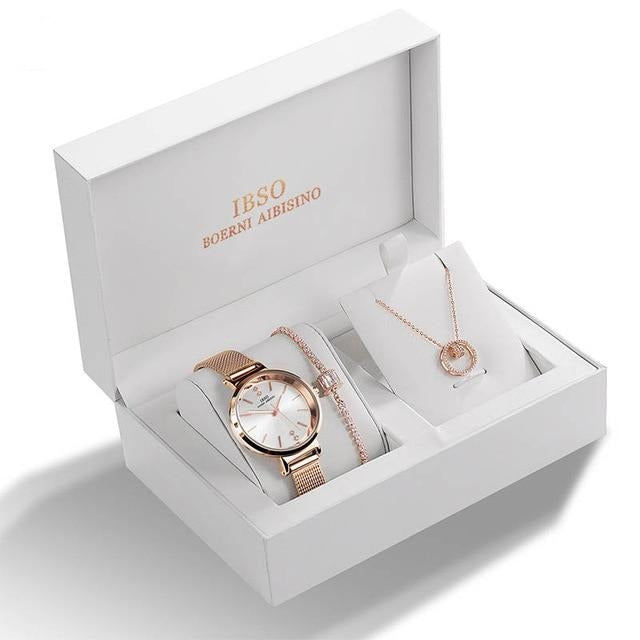 Women Quartz Watch and Crystal Bracelet & Necklace Fashion Jewelry Set-Jewelry Sets-Innovato Design-Rose Gold Quartz-Innovato Design