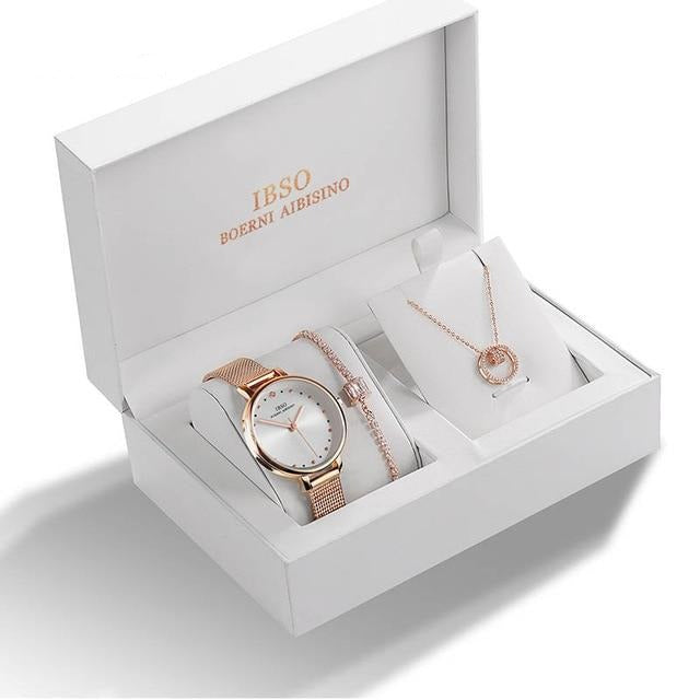 Women Quartz Watch and Crystal Bracelet & Necklace Fashion Jewelry Set-Jewelry Sets-Innovato Design-Rose Gold-Innovato Design