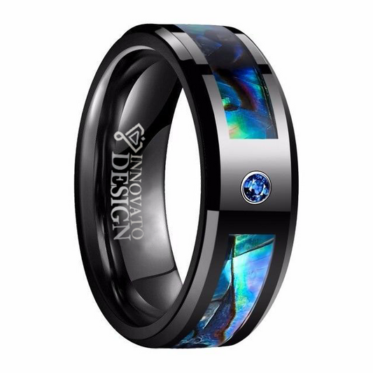 8mm Black Tungsten Carbide in Abalone Shell Inlay with Cubic Zirconia Wedding Band