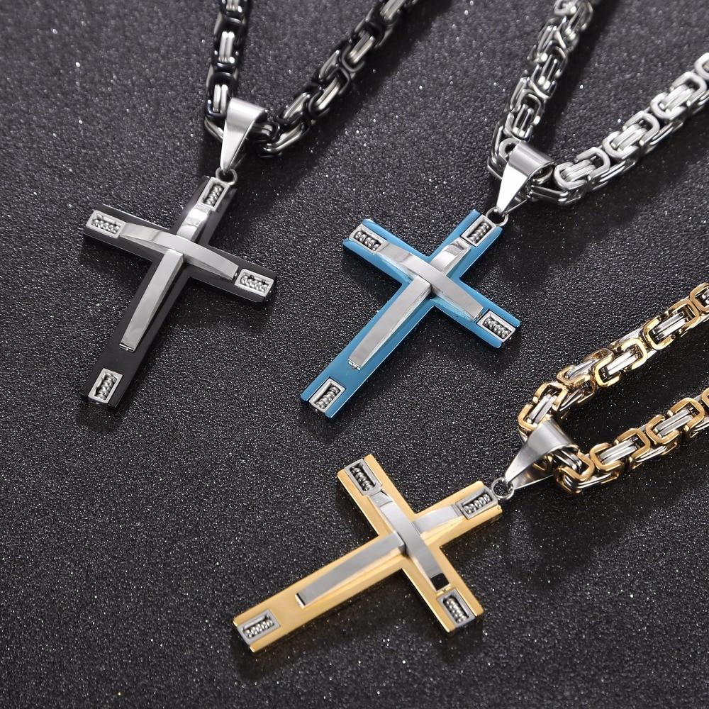 Stainless Steel Cross Pendant with Byzantine Link Necklace-Necklaces-Innovato Design-Black-24inch-Innovato Design