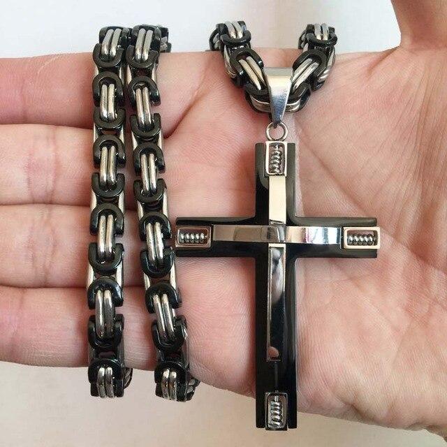 Stainless Steel Cross Pendant with Byzantine Link Necklace-Necklaces-Innovato Design-Black-24inch-Innovato Design