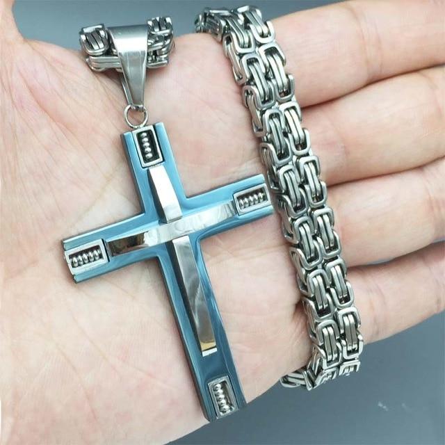 Stainless Steel Cross Pendant with Byzantine Link Necklace-Necklaces-Innovato Design-Black-24inch-Innovato Design