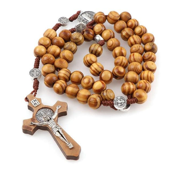 Wooden Beaded Rosary Crucifix of St. Benedict Pendant Necklace-Necklaces-Innovato Design-Innovato Design