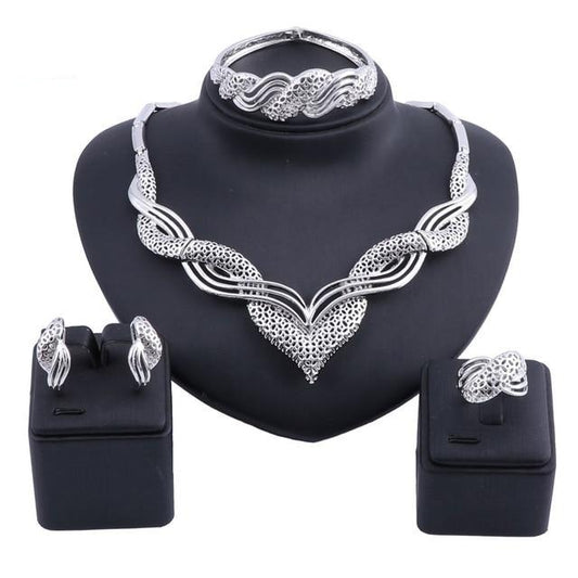 Interlaced Designs with Square Patterns Necklace, Bracelet, Earrings & Ring Wedding Statement Jewelry Set-Jewelry Sets-Innovato Design-Silver-Innovato Design