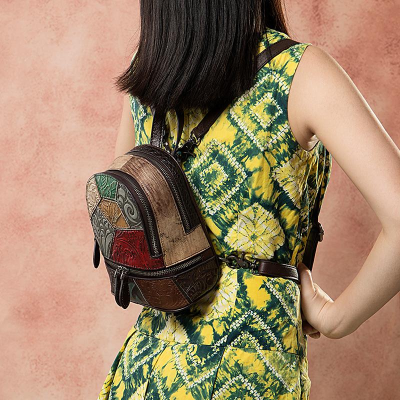 Mini Backpack with Embossed Floral Patterns on Leather Patchwork Design