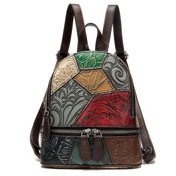 Mini Backpack with Embossed Floral Patterns on Leather Patchwork Design - InnovatoDesign