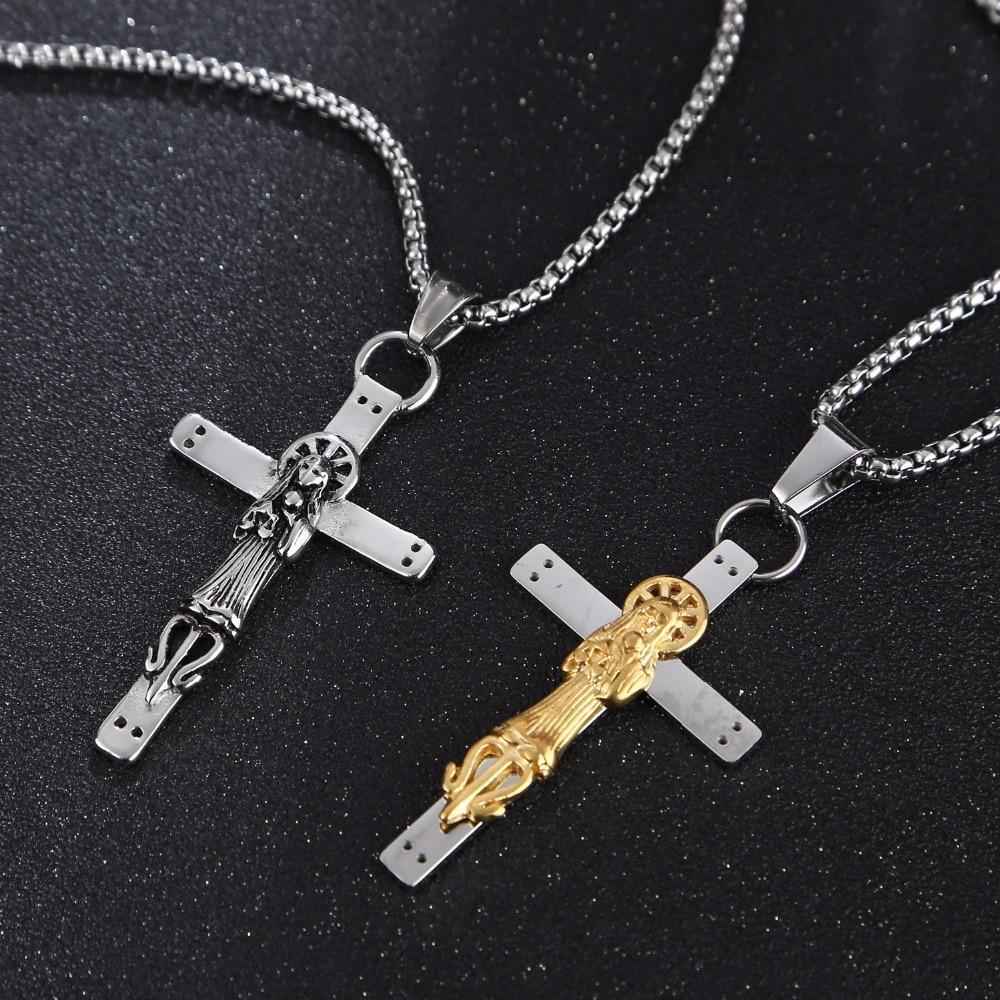 316L Steel Steel Two-Tone Santa Muerte Cross Pendant Necklace-Necklaces-Innovato Design-Gold-24 inch-Innovato Design