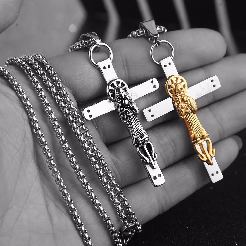 316L Steel Steel Two-Tone Santa Muerte Cross Pendant Necklace-Necklaces-Innovato Design-Gold-24 inch-Innovato Design