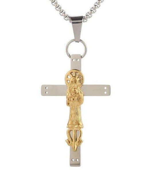 316L Steel Steel Two-Tone Santa Muerte Cross Pendant Necklace-Necklaces-Innovato Design-Gold-24 inch-Innovato Design