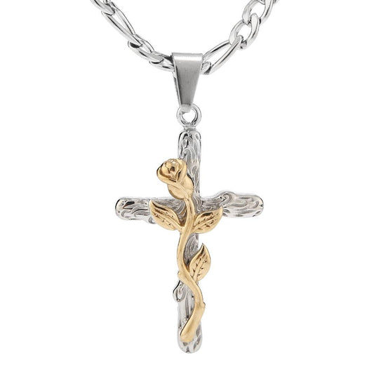 Jesus Cross Rose Charm Pendant Silver Chain Necklace-Necklaces-Innovato Design-Innovato Design