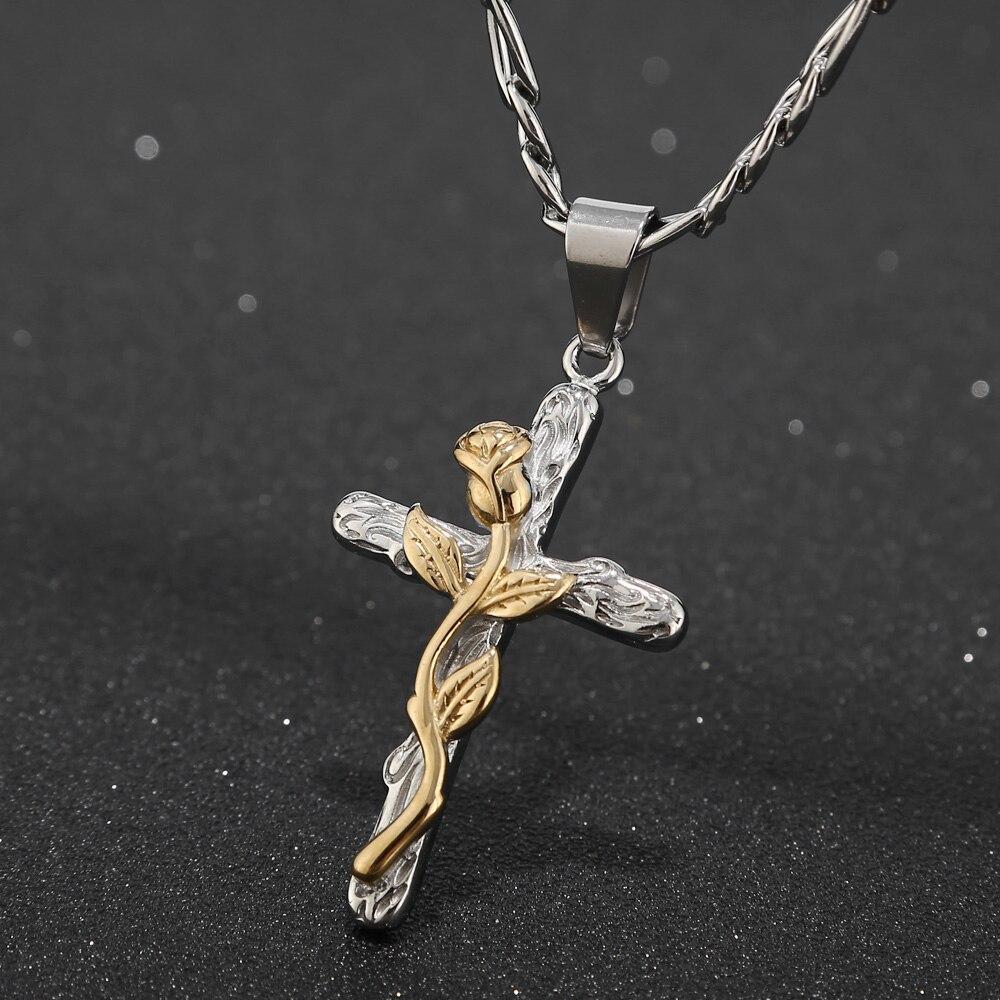 Jesus Cross Rose Charm Pendant Silver Chain Necklace-Necklaces-Innovato Design-Innovato Design