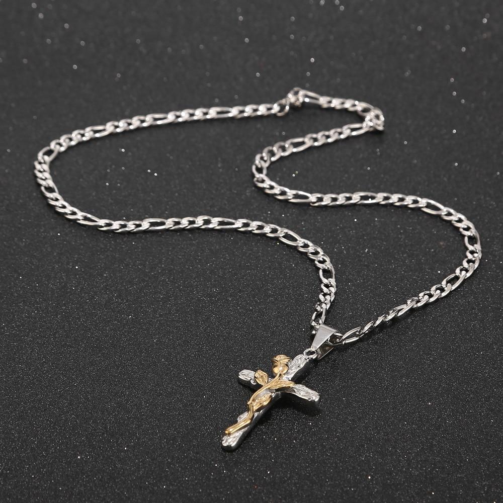 Jesus Cross Rose Charm Pendant Silver Chain Necklace-Necklaces-Innovato Design-Innovato Design