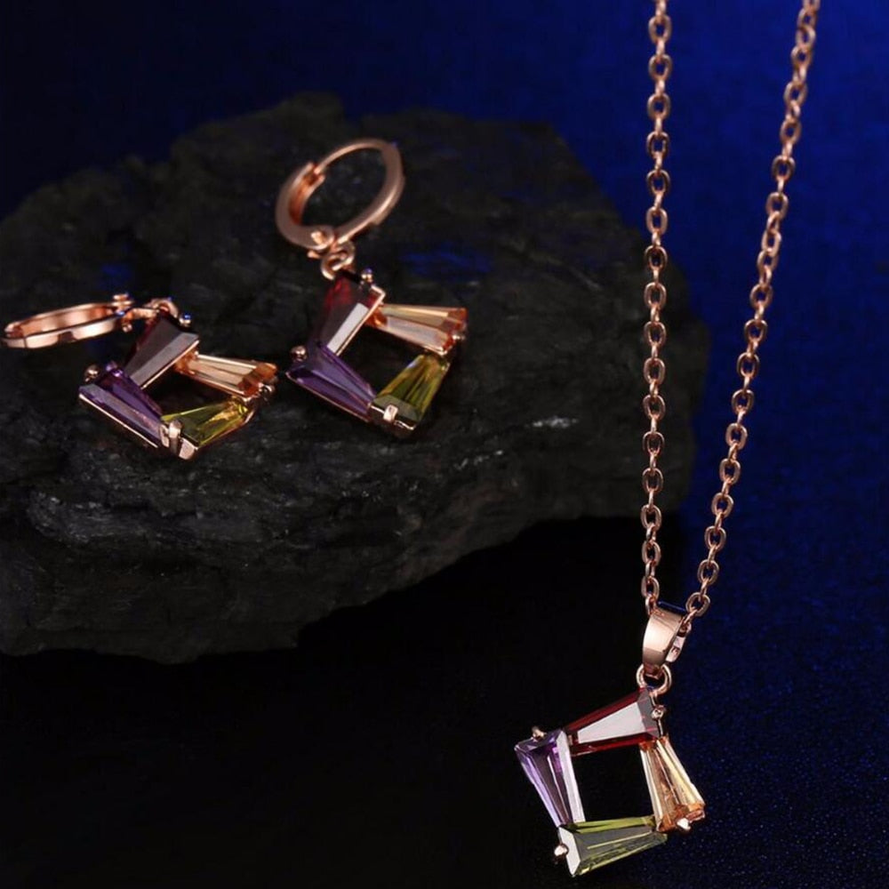 Rose-Gold-Plated Multicolor Cubic Zirconia Necklace & Earrings Wedding Jewelry Set-Jewelry Sets-Innovato Design-Innovato Design