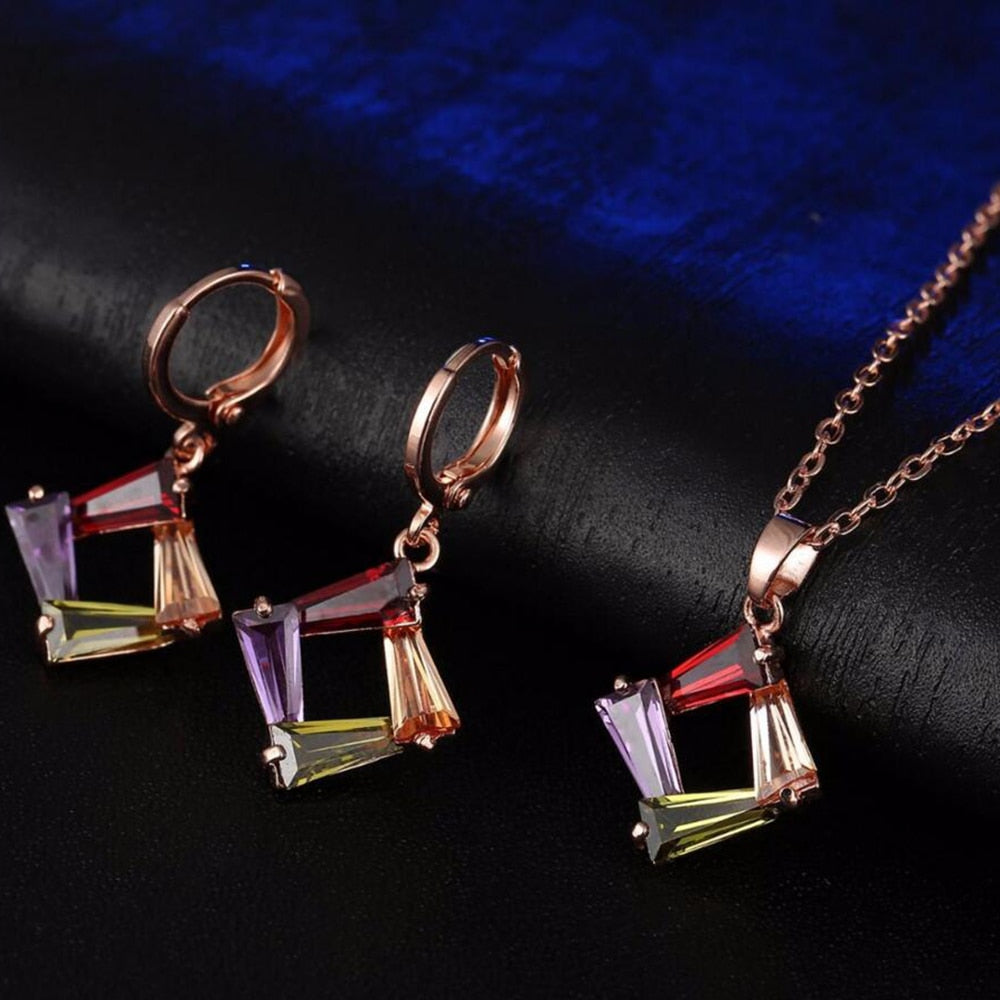 Rose-Gold-Plated Multicolor Cubic Zirconia Necklace & Earrings Wedding Jewelry Set-Jewelry Sets-Innovato Design-Innovato Design