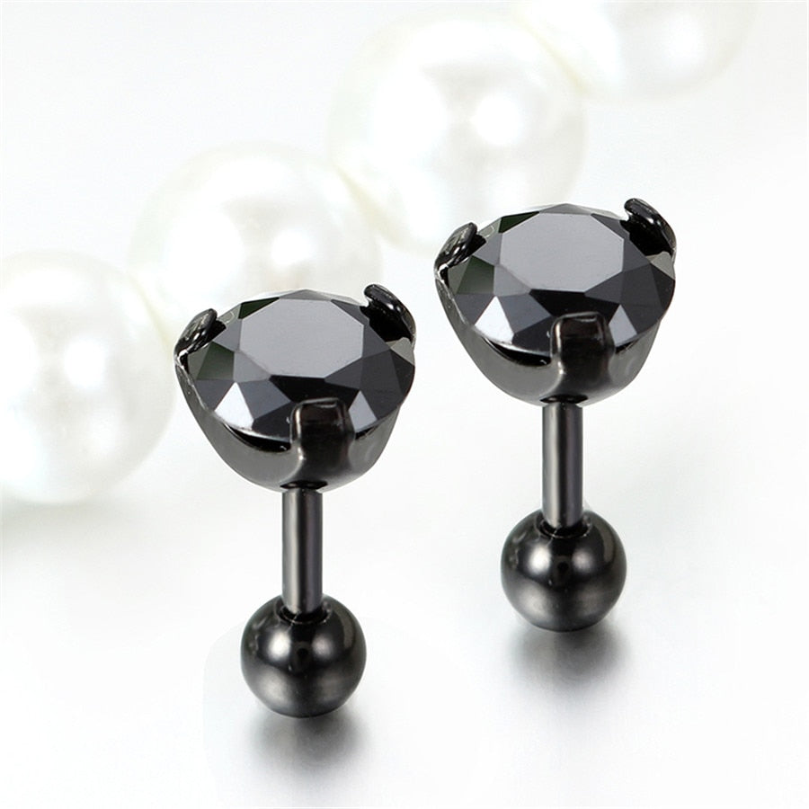 3 Pairs 7mm Round Black Cubic Zirconia Stainless Steel Vintage Stud Earrings-Earrings-Innovato Design-Innovato Design
