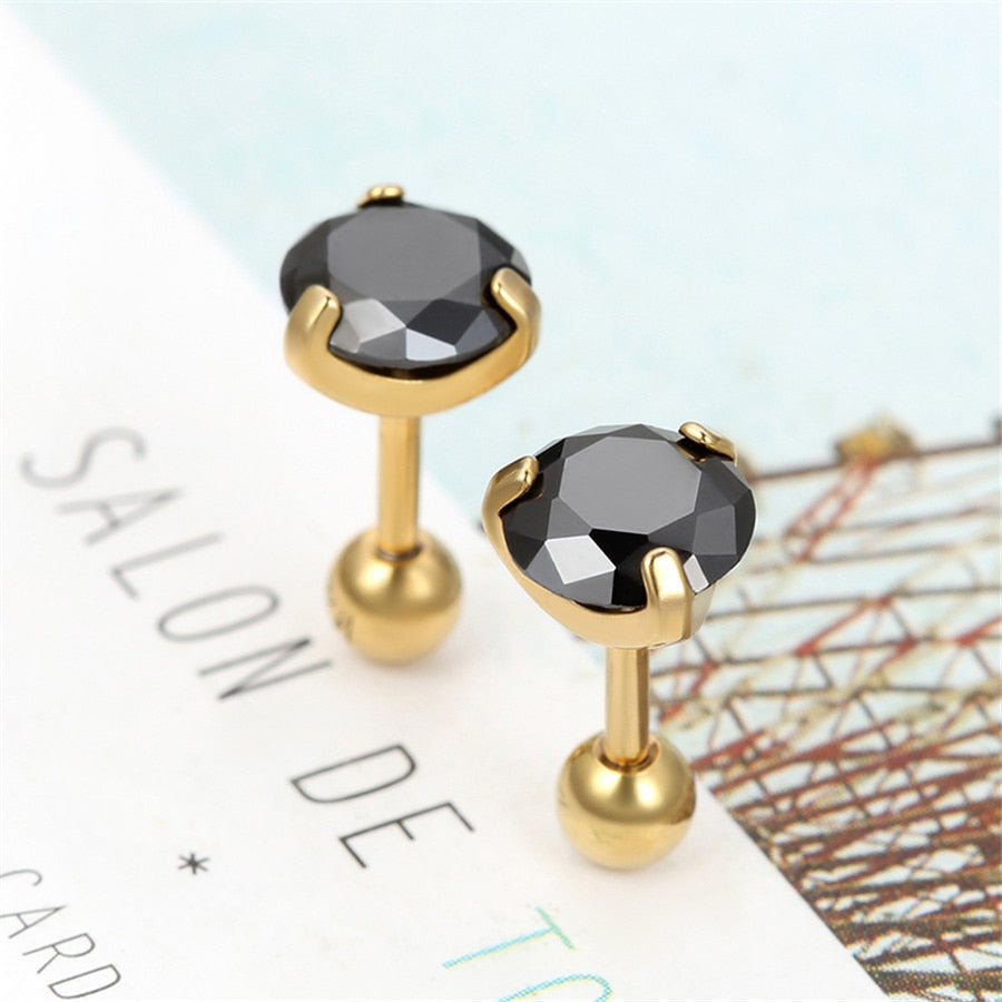 3 Pairs 7mm Round Black Cubic Zirconia Stainless Steel Vintage Stud Earrings-Earrings-Innovato Design-Innovato Design