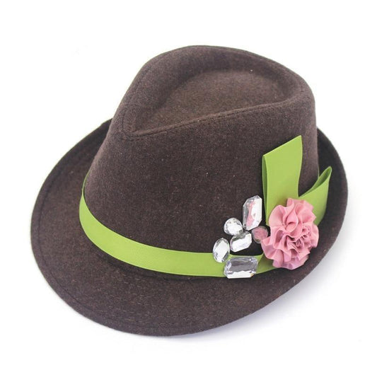 Flannel Trilby with Pink Flower and Big Rhinestones on Green Hatband-Hats-Innovato Design-Black-Innovato Design