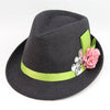 Flannel Trilby with Pink Flower and Big Rhinestones on Green Hatband