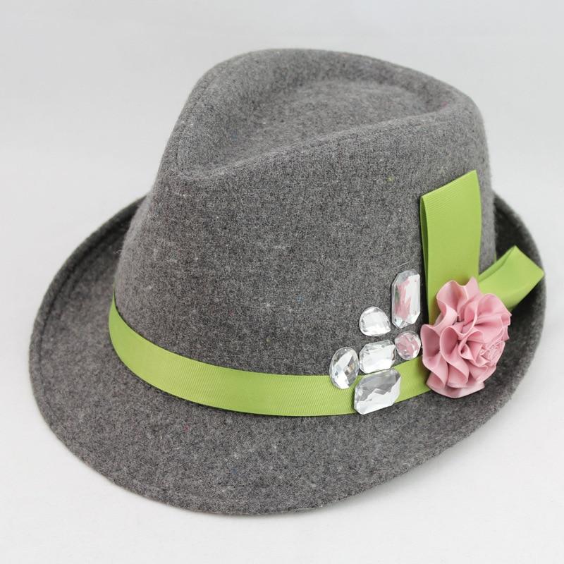 Flannel Trilby with Pink Flower and Big Rhinestones on Green Hatband-Hats-Innovato Design-Black-Innovato Design