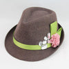 Flannel Trilby with Pink Flower and Big Rhinestones on Green Hatband-Hats-Innovato Design-Black-Innovato Design