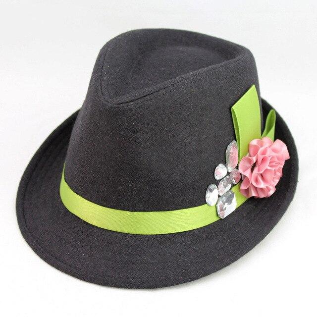 Flannel Trilby with Pink Flower and Big Rhinestones on Green Hatband-Hats-Innovato Design-Black-Innovato Design