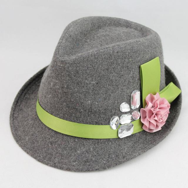Flannel Trilby with Pink Flower and Big Rhinestones on Green Hatband-Hats-Innovato Design-Grey-Innovato Design
