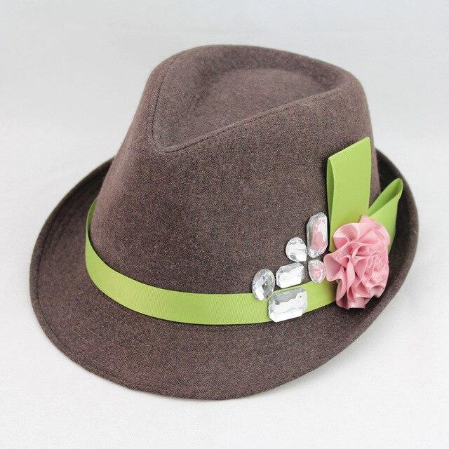Flannel Trilby with Pink Flower and Big Rhinestones on Green Hatband-Hats-Innovato Design-Brown-Innovato Design