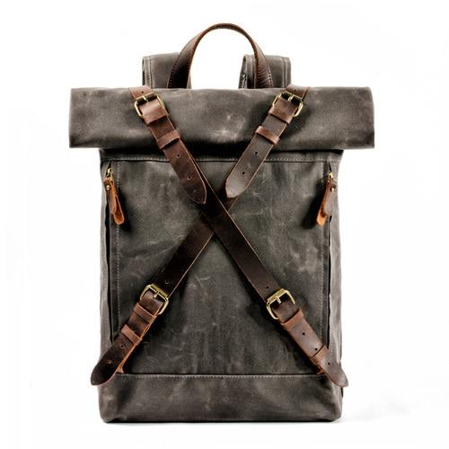 Waxed Hard Canvas Leather Waterproof 15 Inch Laptop Backpack-Canvas and Leather Backpack-Innovato Design-Gray Green-Innovato Design