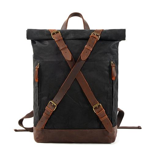 Waxed Hard Canvas Leather Waterproof 15 Inch Laptop Backpack-Canvas and Leather Backpack-Innovato Design-Black-Innovato Design