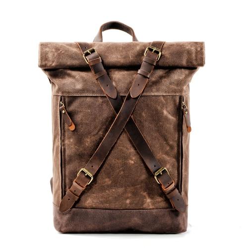 Waxed Hard Canvas Leather Waterproof 15 Inch Laptop Backpack-Canvas and Leather Backpack-Innovato Design-Dark Brown-Innovato Design
