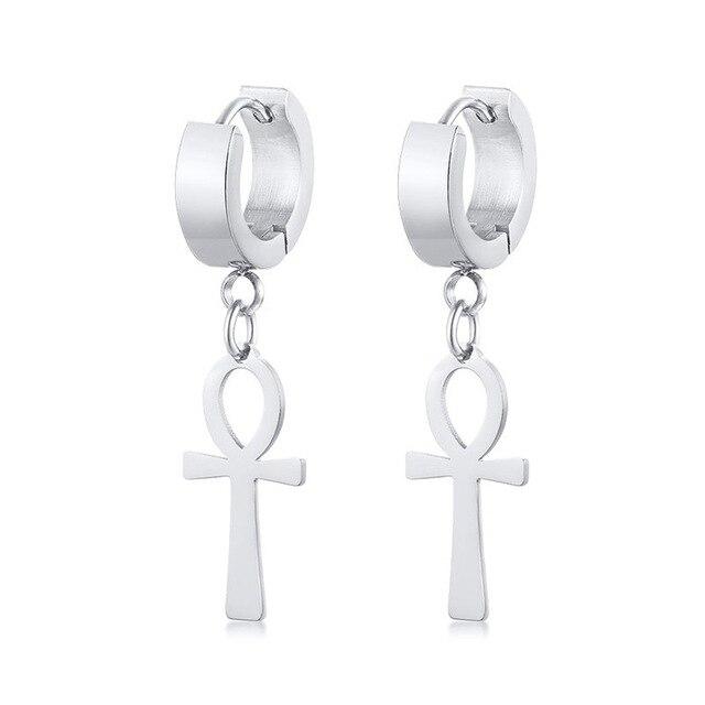 Drop Ankh Egyptian Cross Hoop Earrings in 3 Different Colors-Earrings-Innovato Design-Silver-Innovato Design