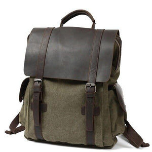 Vintage Canvas Leather School 20 Liter Backpack-Canvas and Leather Backpack-Innovato Design-Army Green-Innovato Design