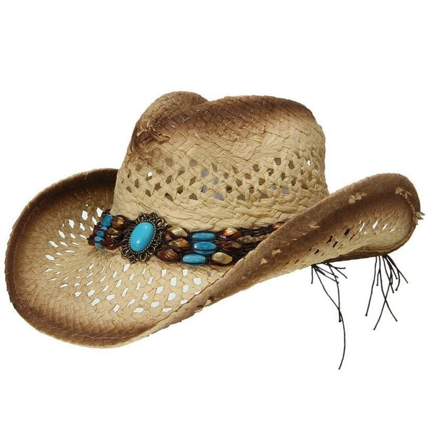 Summer Straw Cowboy Hat with Turquoise Brooch and Shell-like Beads