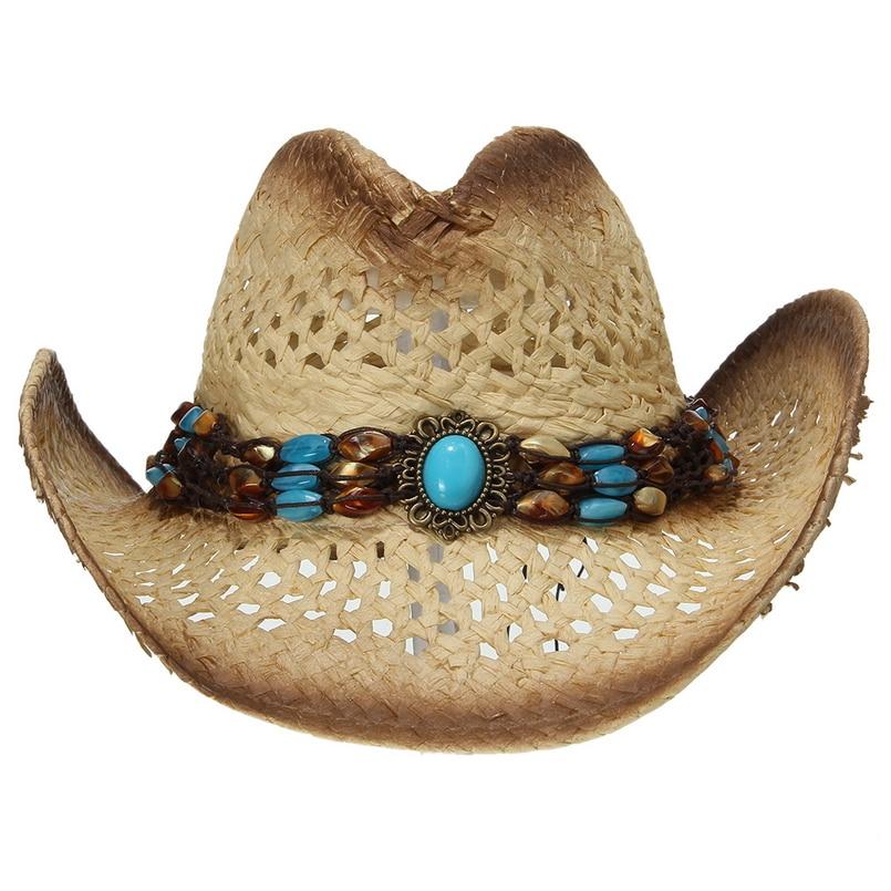 Summer Straw Cowboy Hat with Turquoise Brooch and Shell-like Beads-Hats-Innovato Design-Innovato Design