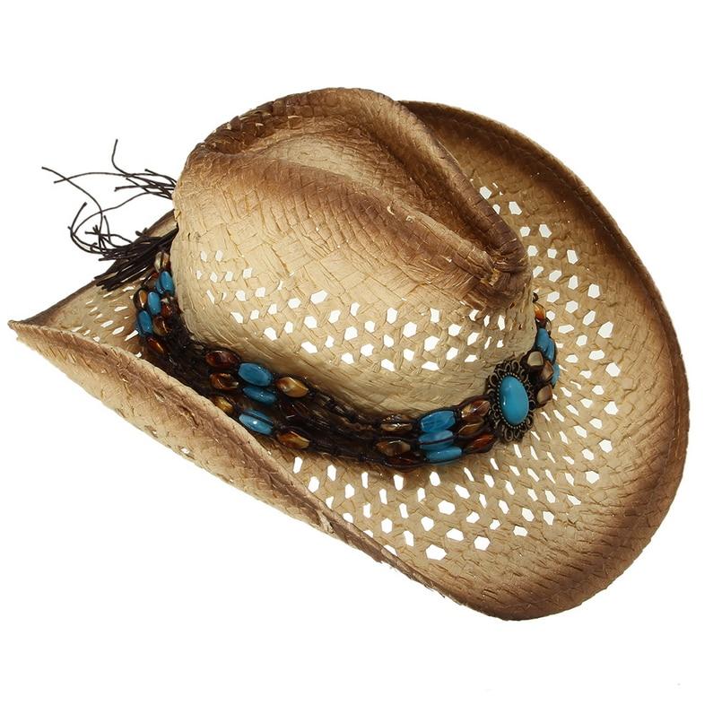 Summer Straw Cowboy Hat with Turquoise Brooch and Shell-like Beads-Hats-Innovato Design-Innovato Design
