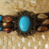 Summer Straw Cowboy Hat with Turquoise Brooch and Shell-like Beads