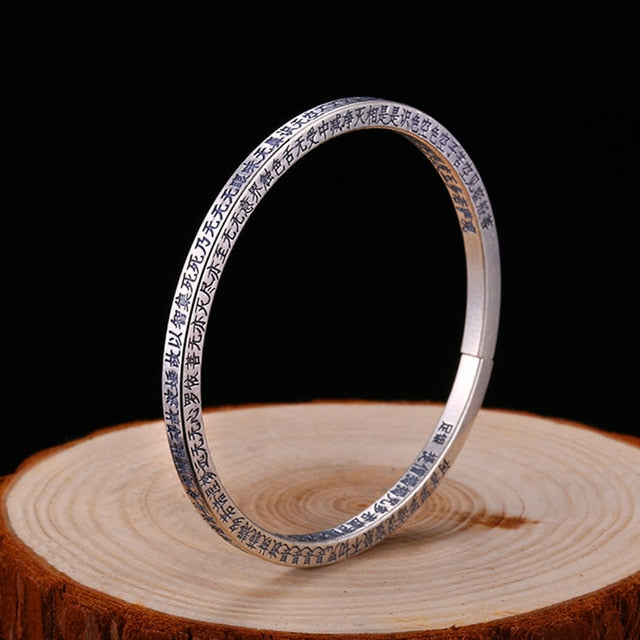 Buddhist Heart Sutra 990 Genuine Silver Vintage Open Cuff Bracelet-Bracelets-Innovato Design-Innovato Design