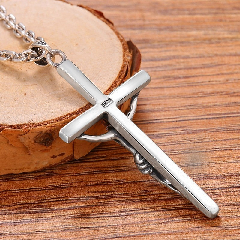 Jesus Christianity Cross 925 Sterling Silver Vintage Pendant-Necklaces-Innovato Design-19.69in-Innovato Design