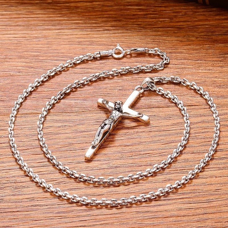 Jesus Christianity Cross 925 Sterling Silver Vintage Pendant-Necklaces-Innovato Design-19.69in-Innovato Design