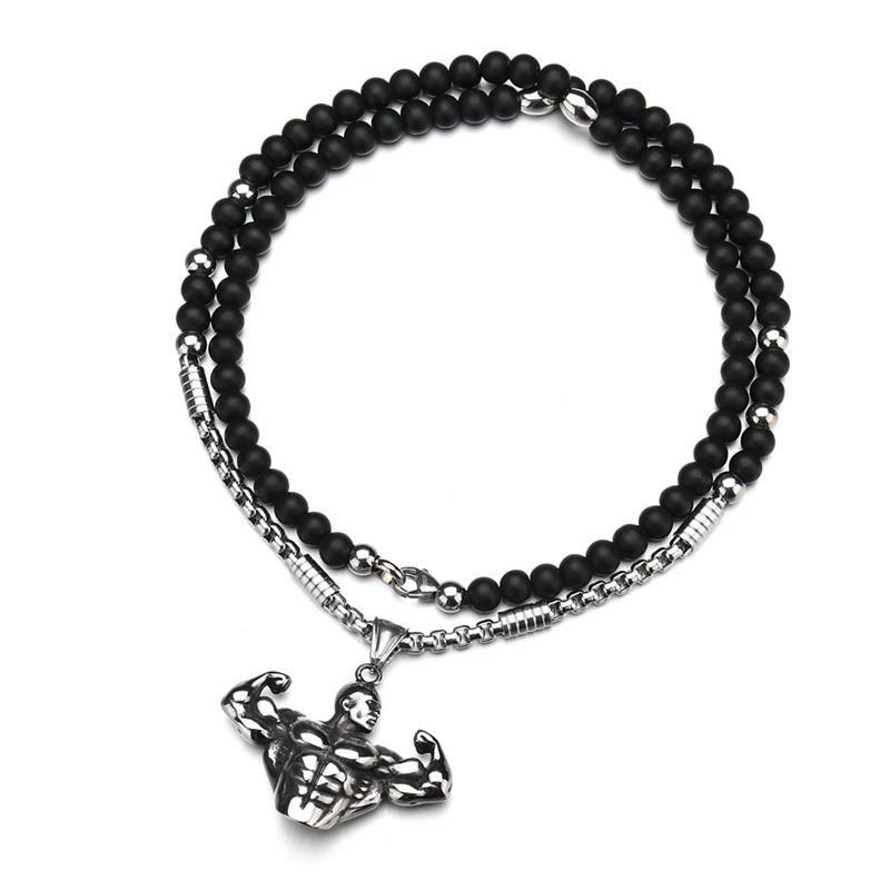 Stainless Steel Muscle Man Pendant Beaded Necklace-Necklaces-Innovato Design-Innovato Design