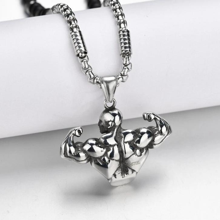 Stainless Steel Muscle Man Pendant Beaded Necklace-Necklaces-Innovato Design-Innovato Design