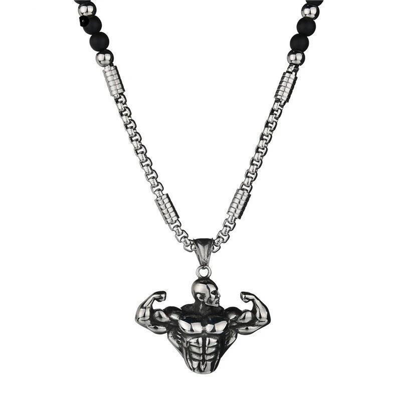 Stainless Steel Muscle Man Pendant Beaded Necklace-Necklaces-Innovato Design-Innovato Design