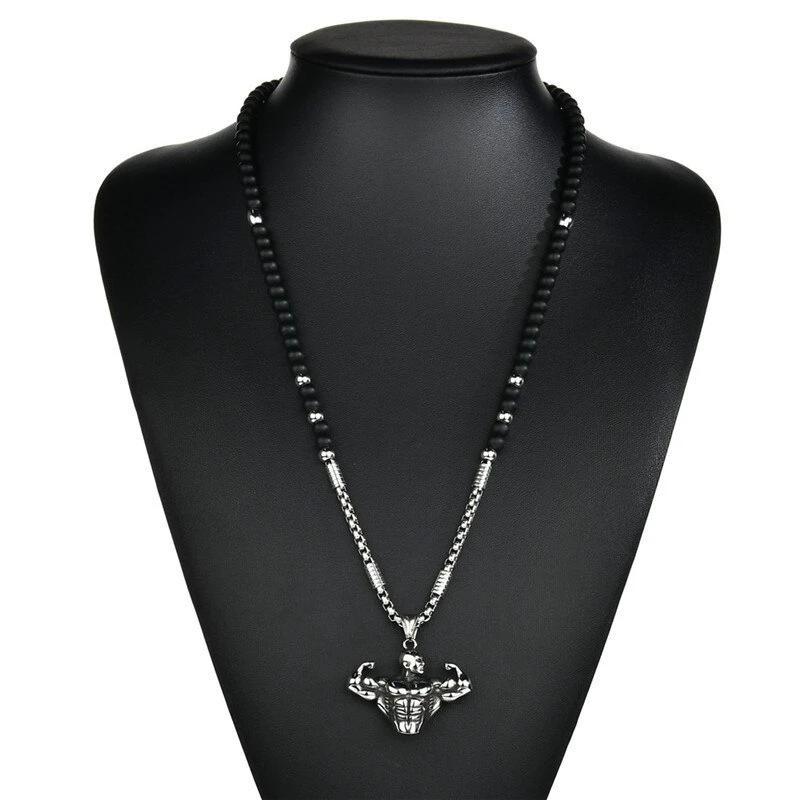 Stainless Steel Muscle Man Pendant Beaded Necklace-Necklaces-Innovato Design-Innovato Design