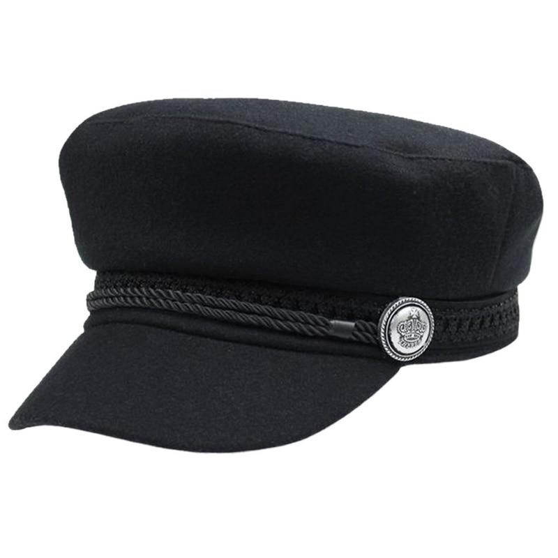 Wool Flat Cap with Large Buttons and Rope-Hats-Innovato Design-Black-Innovato Design