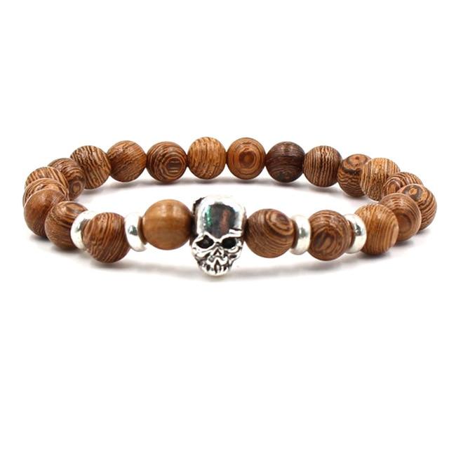 Handmade Natural Rhinestone Beaded Men’s Skull Bracelet-Skull Bracelet-Innovato Design-Wood Brown-Innovato Design
