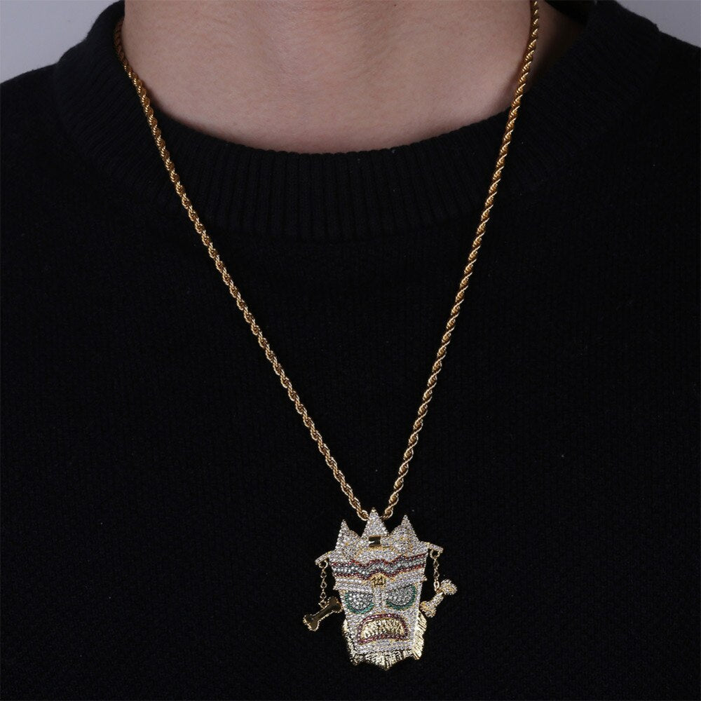 Uka Uka Mask Cubic Zirconia Gold-Plated Stainless Steel Hip-Hop Pendant Necklace-Necklace-Innovato Design-Gold-Cuban Chain-30 inch-Innovato Design